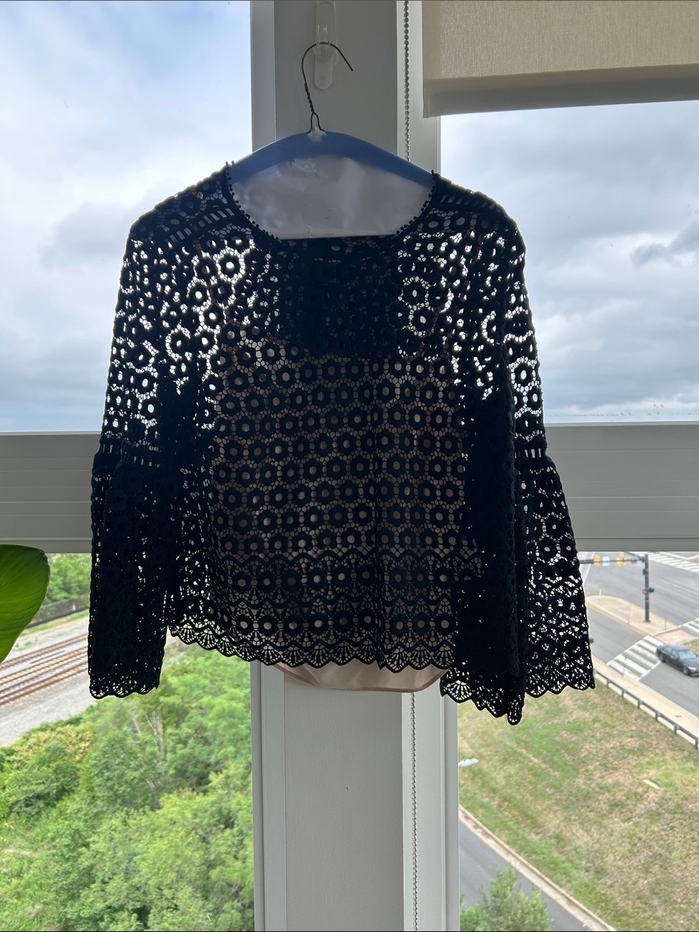 Black Crochet Lace Bell Sleeve Top